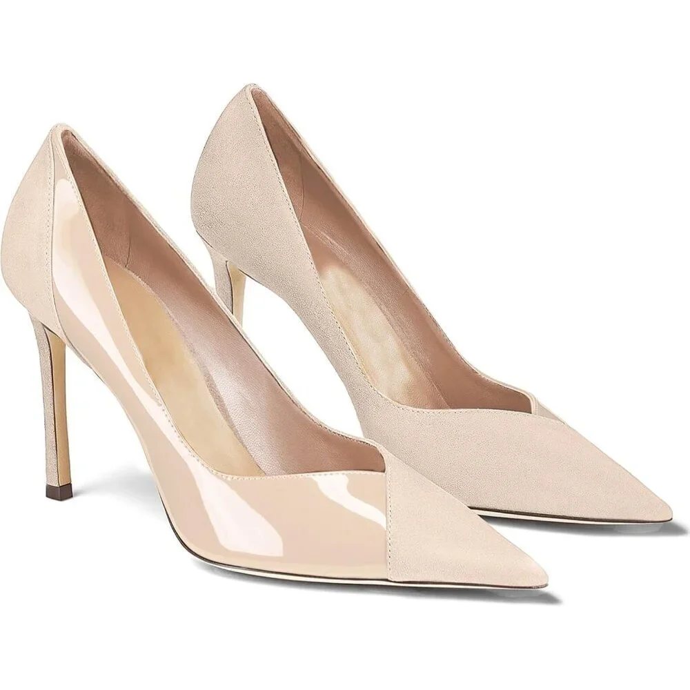 Women's Nude Pointed Toe High Heels Pumps Patent Suede Stiletto Heel Slip on